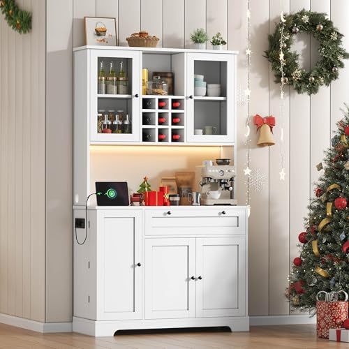 Merax Küchenschrank, Buffetschrank mit LED und Steckdosen, Küchenmöbel mit Schublade, Weinregal und Verstellbaren Ablagen, Sideboard, Küchenbuffet für Küche, Esszimmer, 105x40x180cm (Weiß)