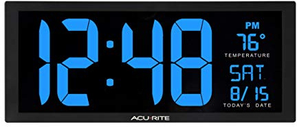 AcuRite 75152M Oversized Blue LED Clock with Indoor Temperature, Date and Fold-Out Stand, 14.5-Inch / Blue