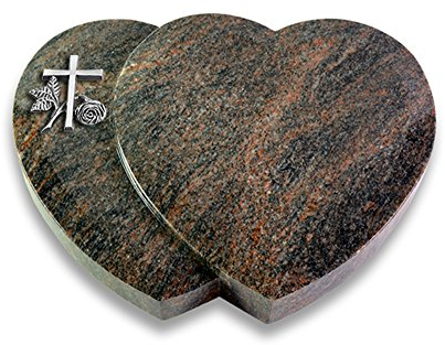 Grabplatte, Grabstein, Grabherz, Urnengrabstein Modell Amoureux 40 x 30 x 7 cm Himalaya-Granit, poliert inkl. Gravur (Aluminium-Ornament Kreuz 1)