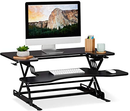 Relaxdays Sitz-Steh-Schreibtisch, mit breiter Tastaturablage, manuell höhenverstellbar, ergonomisch fürs Büro, schwarz