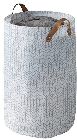 WENKO Wäschesammler Geo, geräumiger Wäschekorb aus hochwertigem Polyester, platzsparend zusammenfaltbar, mit 2 Kunstledergriffen, 75 Liter Fassungsvermögen, Ø 40 x 60 cm, Weiß gemustert