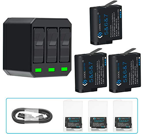 COOLSHOW HERO 7 Black 3-Pack 1500mAh Rechargeable Battery with 3-Channel USB Charger Compatible with GoPro 6, 5, AHBBP-501
