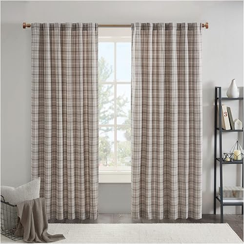 Madison Park Anaheim Cabin Plaid Curtain Window, Thermal Insulated Fleece Lining, Living Room Decor Room Darkening Drape for Bedroom, 1-Single Panel Pack, 50x84, Rod Pocket & Back Tab, Brown
