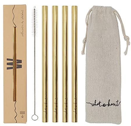 WHATAKANT - Wellenreiter Goldstrohhalme | 4er Set in Gold | nachhaltige gerade Strohhalme mit Baumwollsäckchen & Reinigungsbürste | wiederverwendbare plastikfreie Edelstahl Trinkhalme | 15,5 cm Länge