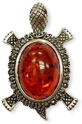 Victorian Style Turtle Tortoise Pin Brooch or Pendant with Amber and Marcasite Stone 925 Sterling Silver
