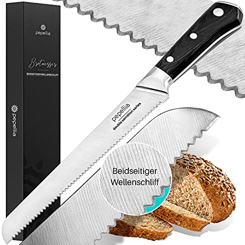 PEPELLIA Brotmesser mit Wellenschliff - 25 cm - schwarz - dt. Stahl-Klinge für saubere Schnitte - Bread Knife mit ergonomischem Griff - präzises Brötchenmesser - langlebig & rostfrei