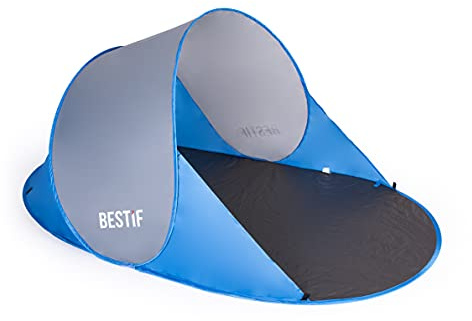 BESTIF Tienda de campaña para playa desplegable grande autoensamblable tienda de campaña para playa bolsa de transporte protección solar protección contra el viento 190 x 86 x 120 cm (azul y gris)