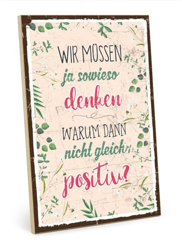 TypeStoff Holzschild mit Spruch – Positiv denken – im Vintage-Look mit Zitat als Geschenk und Dekoration zum Thema Motivation, Hygge und Optimismus - HS-00900