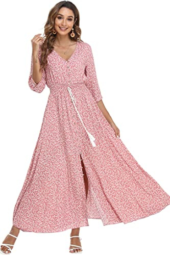 VintageClothing Women's Floral Maxi Dresses with Sleeves Flowy Boho Beach Dress Clothes Women, Pink With Little Flower, S