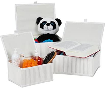 Relaxdays Aufbewahrungskorb 3er Set, Deckel & Stoffeinsatz, Bambus, Bad, Spielzeug, Aufbewahrungsbox, 3 Größen, Farbwahl