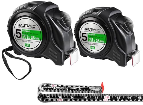 HAUTMEC 5m Tape Measure Metric & Imperial Measuring Tape, Auto-Lock with Nylon Coated Blade & Rubber Case, for Construction, woodworking, DIY 0100-2pc