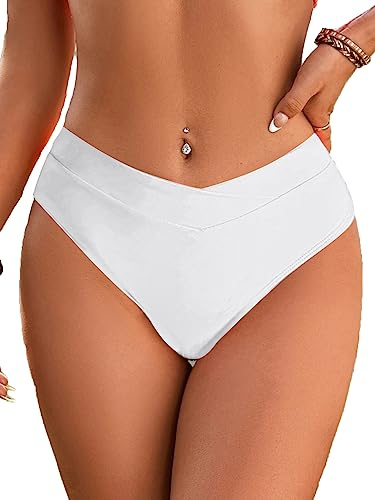 Fanuerg Women's Bikini Bottom Cross V Cut Front Swimsuit Full Coverage Swim Bathing Suit Bottoms White M