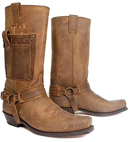 Western Cowboy Stiefel - Männer Square Toe Stiefel - mittelalterliche PU Leder Low Heel Mid Tube Ritter Stiefel für Cosplay,Braun,43