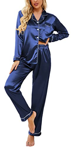 Ekouaer satinpyjamas, dampyjamas, långärmad pyjamas-set med knappslå nattkläder, v-ringad, tvådelad, pyjamas-set, hemmadräkt, Marinblå, L