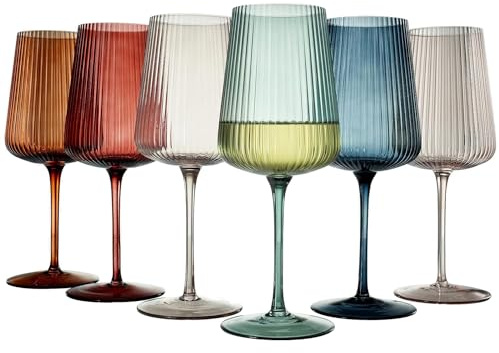 Ripple Colored Wine Glasses - Set of 6 Ribbed Crystal Fluted Big Long Stemmed Glasses Gift Hosting, Wife, Mom Friend - Large 19 oz Glass, Italian Style Tall Drinkware, Vintage Style Drinking Glassware