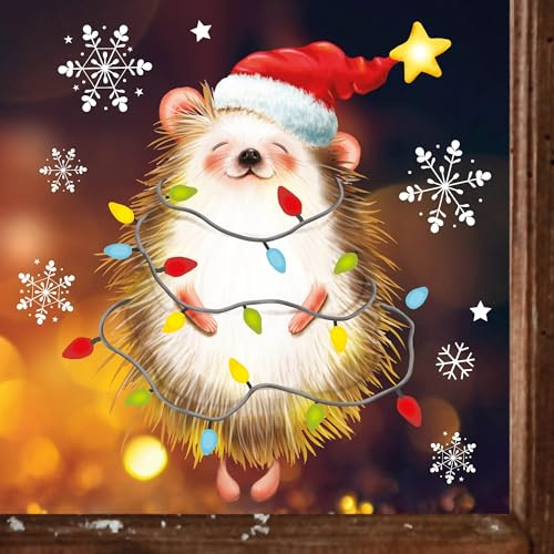 Fensterbild Weihnachten Winter Igel Lichterkette Schneeflocken Fensteraufkleber, 1. A4 Bogen