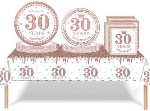 53Pcs Rose Gold Happy 30th Birthday Party Tableware Set - Plastic Table Cloth, Paper Plates, Napkins, Disposable Tableware Kit for Women's 30th Birthday Decorations