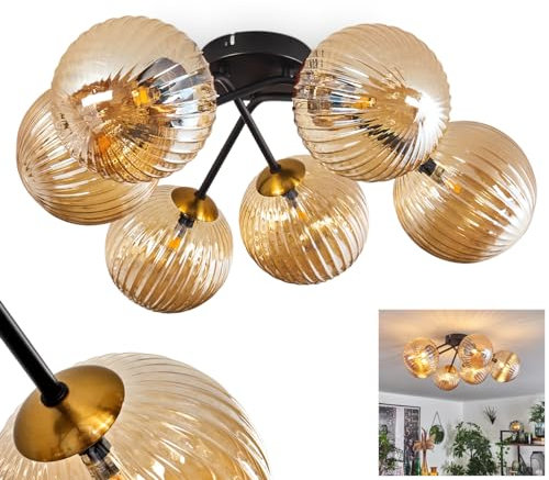 HOFSTEIN Deckenleuchte Chehalis, Deckenlampe aus Metall/Glas in Schwarz/Goldfarben/Bernsteinfarben in Riffel-Optik, Leuchte im Retro/Vintage-Design mit Schirmen aus Glas (Ø 15cm), 6 x G9 LED
