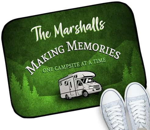 Artylicious Personalised Camper van Door Mat - Making memories, custom Motorhome Indoor mat 44cm x 32cm - van life accessories (Green)