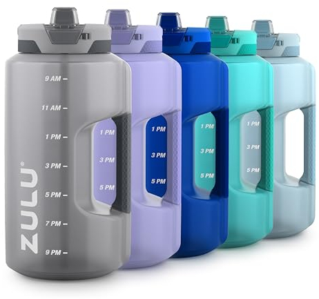 ZULU Goals 128oz Half Gallon Plastic Water Bottle with Straw and Time Marker | Large Reusable Jug with Handle and Leak Proof Lid for All Day Hydration, Gym and Outdoors, Gift Ready, Grey