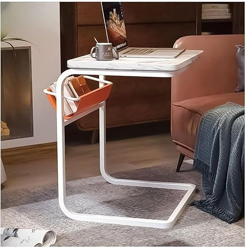 C-förmiger Beistelltisch, Sofa-beistelltisch, Couchtisch, Laptop-tisch, Arbeitstisch, Kleiner Tablett-snack-tisch Mit Metallrahmen, Tv-tablett-tisch, Couchtisch, Der Unter Den Sofa(Color:Weiß)