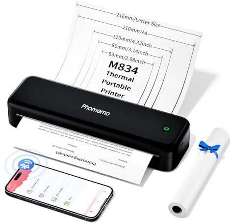 Phomemo M834 Thermodrucker A4, Mobiler Drucker für Unterwegs, Bluetooth-Verbindung für Smartphones, Unterstützt A4 Thermorollen und Thermopapier, Tragbare Drucker Geeignet für Laptop und Tablet