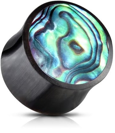 beyoutifulthings Ohr-Plug Abalone-Inlay Organisches Horn Braun Ohr-Piercing Ohr-Schmuck Tunnel Double Flare Sattel-Verschluss 12-mm