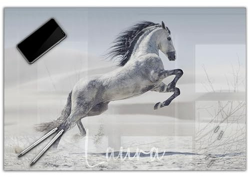Schreibtischunterlage personalisiert mit Namen | 60 x 40 cm Pferd, Schimmel, Hengst | wasserfeste Schreibunterlage, abwischbar, glatt | stabiles, hochwertiges Acrylglas, Kinder Kunststoff