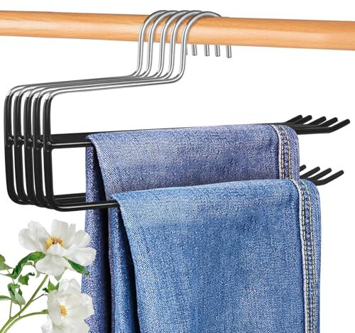 Minicoco Grucce per pantaloni, confezione da 5 grucce a doppia asta, con estremità aperta, per pantaloni, jeans, sciarpe, appendiabiti salvaspazio (nero)