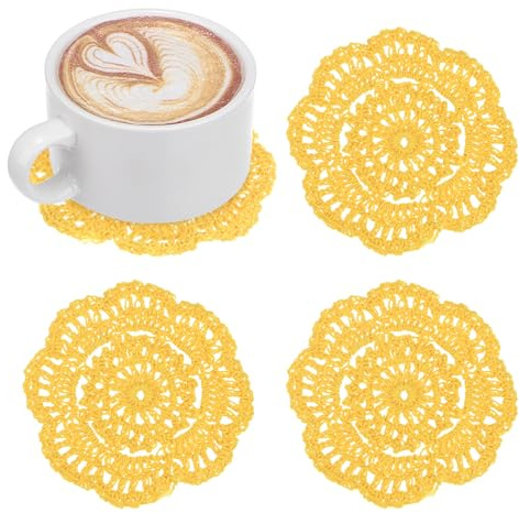 M METERXITY 4-Pack Centrini All'Uncinetto Fatti A Mano, Rotondi In Cotone Da 4 Pollici/10 Cm Per Tavolo/Tazza/Ciotola/Vaso/Vassoi Da Tè/Decorazione Casa, Centrini A Pizzo Gialli