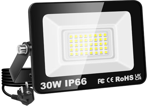 RIGIDON 30W Projecteur Exterieur, 3000LM Spot Led Extérieur avec Prise | 6000K Blanc Froid, IP66 Imperméable Éclairage de Sécurité, Projecteur Led pour Jardin Patio Cour Garage Entrée Allée
