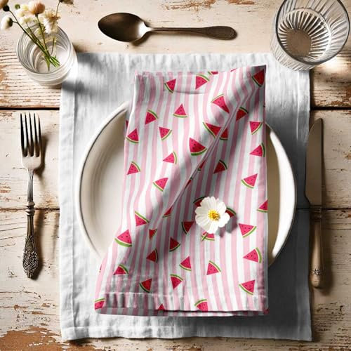 Vargottam Watermelon Candy Striped Cotton Napkins – Set of 12, 20x20 Inches, Pink and White Playful Colors Print Table Napkin, Perfect for Summer Dining, Fruit-Themed Table Decor – Machine Washable