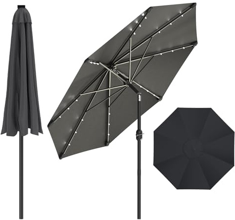 Parasol de Jardin LED 300 cm Avec Manivelle, Protection UV50+, Inclinable Double Sens, Aluminium Robuste, Parasol Balcon Et Terrasse, Sans Pied, Sac De Transport Inclus, Protection Solaire, Gris Foncé