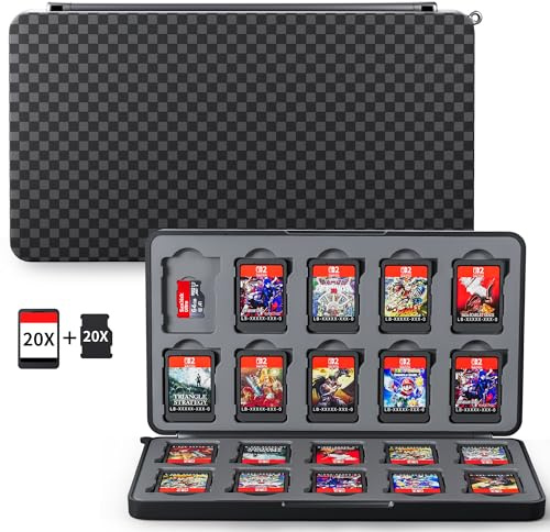 PAWDIARY Black Switch Game Card Case for NS/OLED/Switch 2, 20 Switch Cards and 20 SD Cards Storage Compact Hardshell with Magenic Closure, Large Capacity Switch Card Holder Checkered Pattern