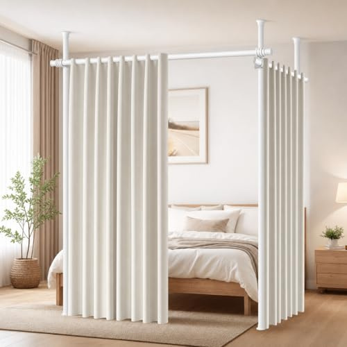 Caossuixin Biombo separador de ambientes, barra de cortina, separador de espacios, biombo, sin cortina, protección visual para salón, dormitorio u oficina, 280 x 317 cm, color blanco