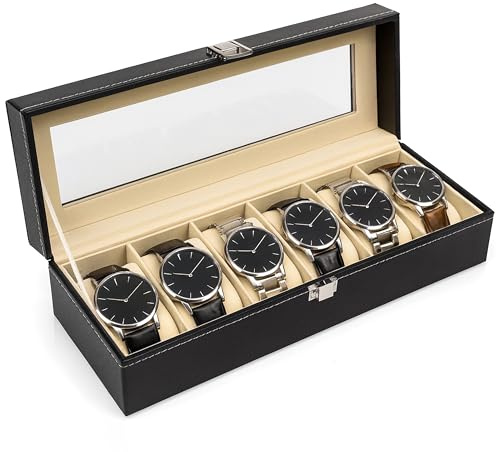 Generico Porta Orologi Uomo 6 Posti – Elegante in Ecopelle con Interno in Velluto – Coperchio Trasparente Antigraffio – Design Rinforzato – Colore Nero – Scatola Organizer per Uomo e Donna