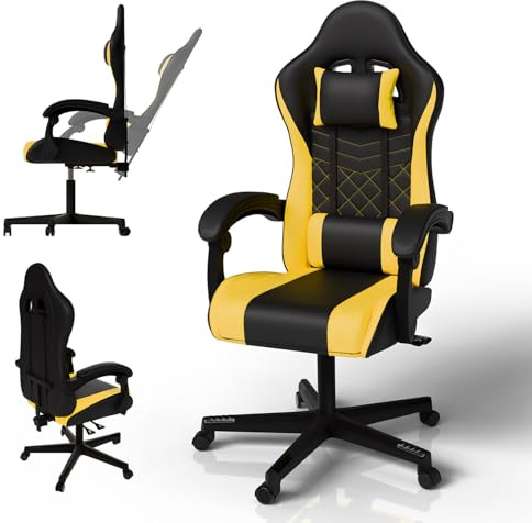 Juskys Chaise Gaming HyperSeat – Hauteur réglable, Dossier inclinable, Fauteuil Ergonomique en Simili Cuir pivotant – Support 120 kg - Noir/Jaune