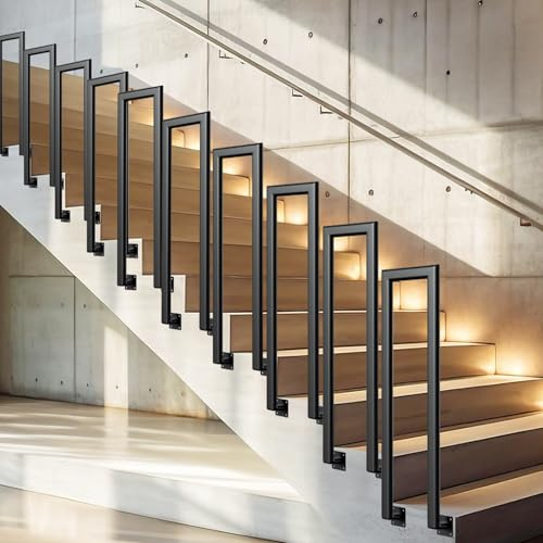 Vkechh Barandilla para escaleras, interior y exterior, 110 cm, en forma de U, elipses negras, pasamanos de metal, para villas, balcones, pasillos, apartamentos, ancho 20 cm, montaje lateral