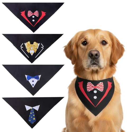 4 Dog Bandana Dog Bandanas Reusable Washable Pet Triangle Scarf Pet Bandana Adjustable Triangle Dog Scarf Bow Ties for Small, Medium, Large Dogs, Pets Costume Accessories for Birthday Wedding