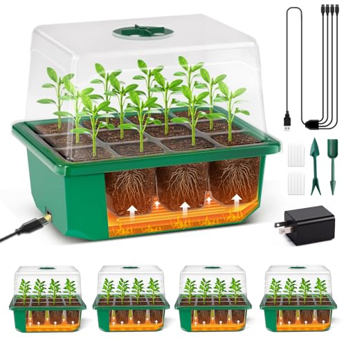 YAUNGEL Mini Serre, 4 PièCes 48 Cellules Mini Serre Chauffante Automatique à Base, Mini Serre Interieur RéUtilisable avec Couvercle SuréLevé, Bac à Semis à Humidité RéGlable