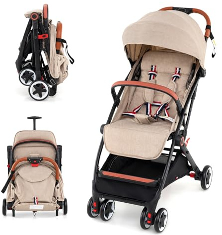 Foldable Baby Stroller, Lightweight Toddler Travel Pushchair for Airplane, Compact Infant Buggy with 5-Point Harness, Adjustable Backrest Footrest Canopy, Storage Basket (Natural)