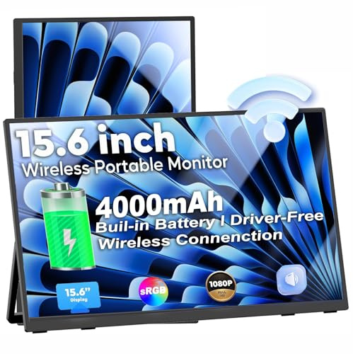 Wireless Portable Monitor with Battery, 15.6 1080P IPS 60Hz Laptop Screen Extender, Portable Screen Additional with Speakers, Second Screen Travel Monitor for Windows/Mac/Phone (Wireless screen)