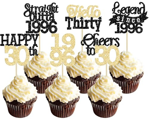 Gyufise 24Pcs Happy 30th Birthday Cupcake Toppers Hello Thirty Legend Since 1996 Cupcake Picks Cheers to 30 Years Cake Decorations for 30th Birthday Anniversary Party Supplies Black Gold