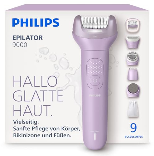 Philips Epilatore Serie 9000 - Epilatore elettrico Wet & Dry senza fili, per gambe, corpo e zona bikini, con ProGuide, 9 accessori, tra cui testina pedicure, autonomia di 60 minuti, modello BRE728/00