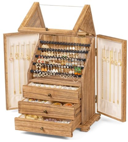 amoard Jewelry Box Organizer, Rustic Wooden Jewelry Boxes for Women Girls, Large Storage Earring Holder Organizer Display for Earrings Necklaces Rings Bracelets (Rustic Brown)