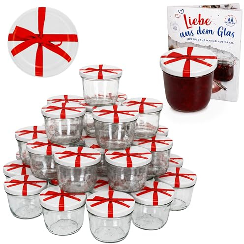 Lot de 100 bocaux en verre To 82 230 ml Blanc Couvercle avec nœud décor incl. Diamant gelier magique recettes Confiture Bocaux en verre pour conservation de confiture Couvercles dorés Capacité