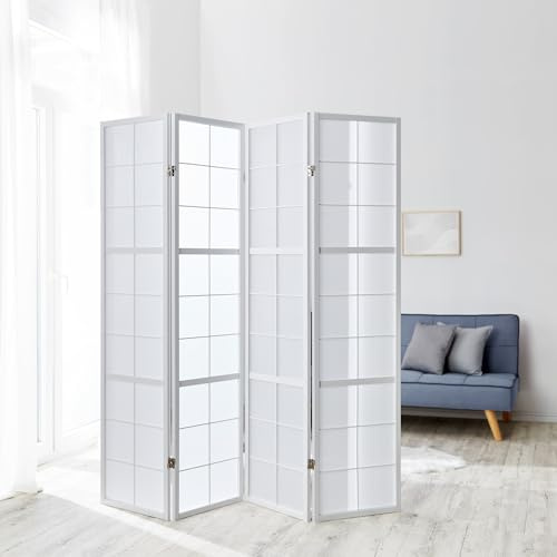 Homestyle4u Paravent Raumteiler Innen Raumtrenner Weiß 175 cm | Paravent Shoji holz reispapier weiß 4-teilig innenbereich flexible trennwand