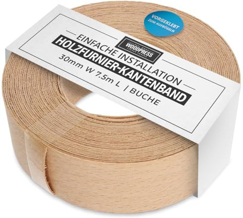 WoodPress® 30mm Bois de Hêtre Chant en placage bois préencollé 7,5 m | Rouleau de chant en placage bois, colle thermofusible, pour réparation rapide des meubles, placards et étagères, pose au fer