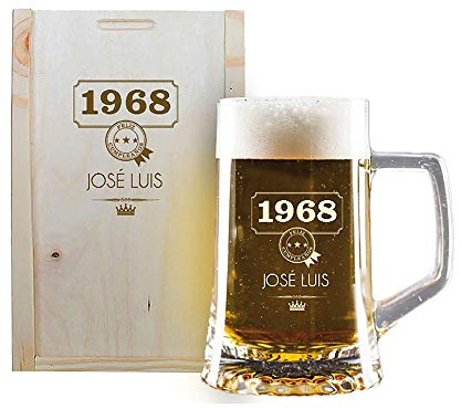 CALLEDELREGALO – Jarra de Cerveza Personalizada con Nombre y Año + Estuche de Madera Grabado | Jarra 500 ml de Cristal | Regalo Original para Cumpleaños Hombre, Padre, Amigo