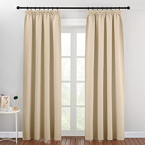 PONY DANCE Wohnzimmer Blickdichte Gardinen mit Kräuselband 2er Set | H 200 x B 140 cm, Biscotti Beige, für Schienensystem, Thermovorhang Hitzeschutz, für Schlafzimmer, Verdunklungsgardine
